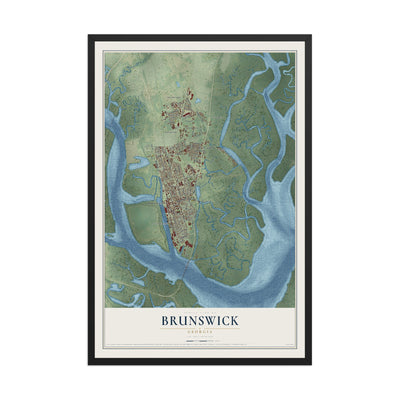 Brunswick, Georgia map print, 12" x 18" W/ Black Ayous Wood Frame mockup