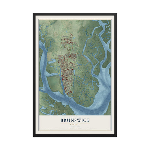 Map of Brunswick, Georgia, 12 x 18 inch print in a black wood frame