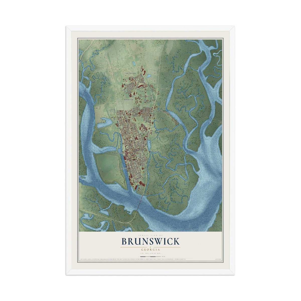 Brunswick, Georgia map print, 12" x 18" W/ White Ayous Wood Frame mockup