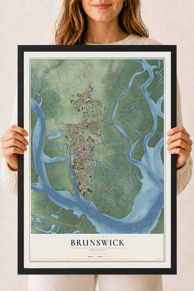 Brunswick, Georgia map print, 18" x 24" W/ Black Ayous Wood Frame mockup