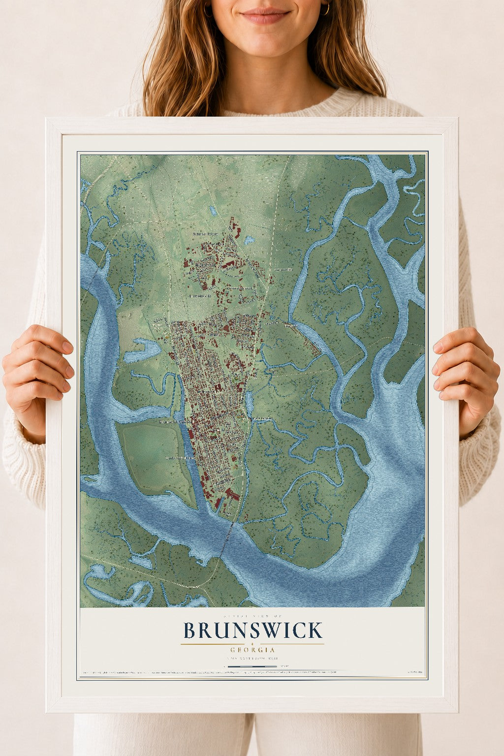 Brunswick, Georgia map print, 18" x 24" W/ White Ayous Wood Frame mockup