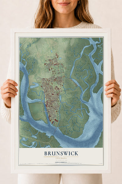 Brunswick, Georgia map print, 18" x 24" W/ White Ayous Wood Frame mockup