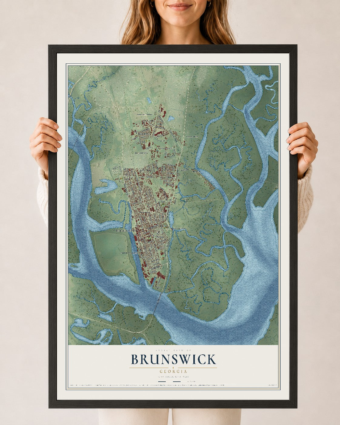 Brunswick, Georgia map print, 24" x 36" W/ Black Ayous Wood Frame mockup