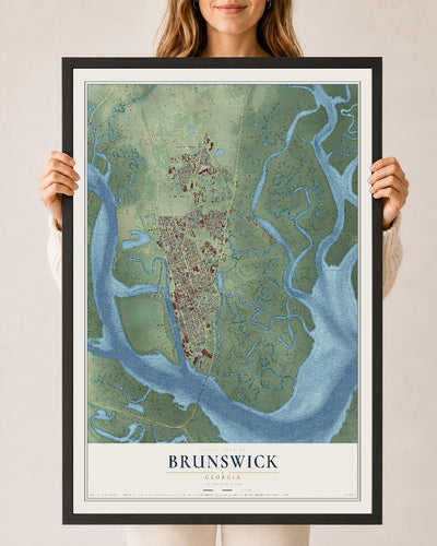 Brunswick, Georgia map print, 24" x 36" W/ Black Ayous Wood Frame mockup