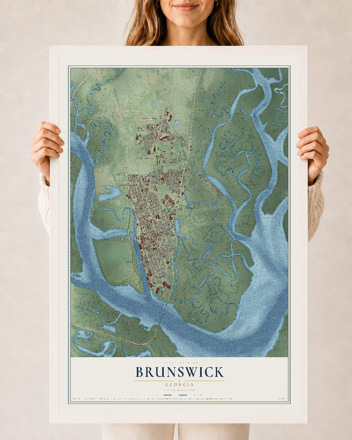 Brunswick, Georgia map print, 24" x 36" W/ White Ayous Wood Frame mockup