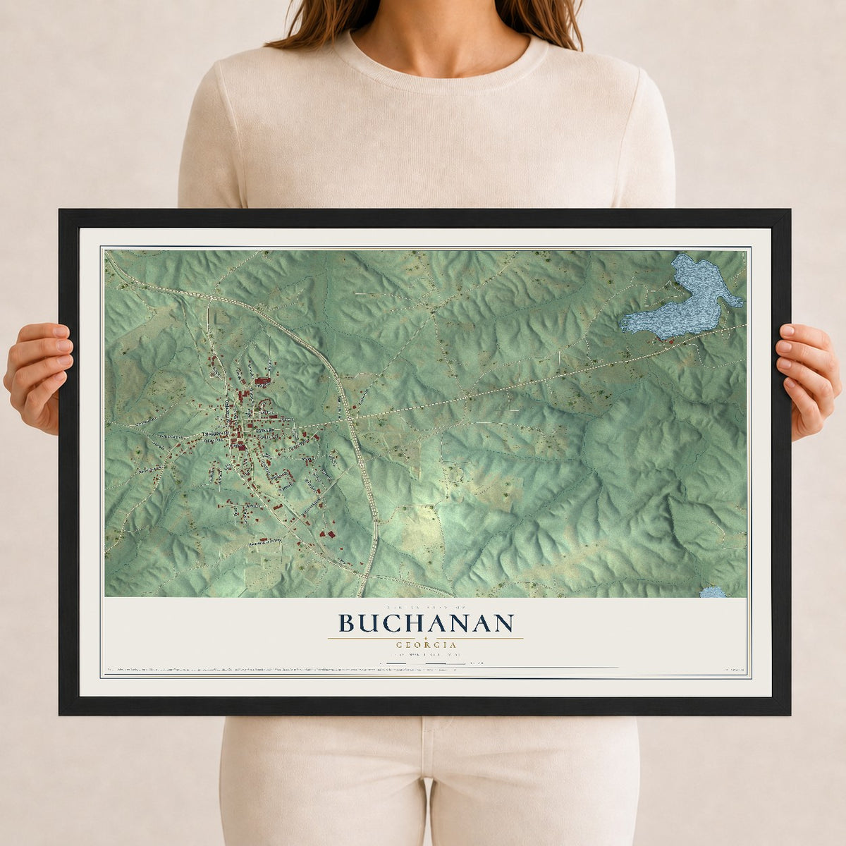 Buchanan, Georgia map print, 12" x 18" W/ Black Ayous Wood Frame mockup