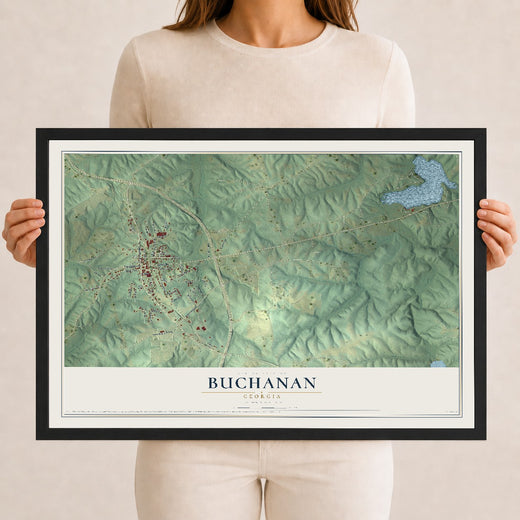 Map of Buchanan, Georgia, 12 x 18 inch print in a black wood frame