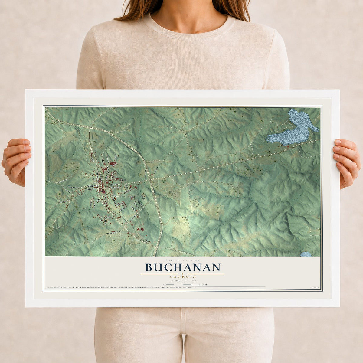 Buchanan, Georgia map print, 12" x 18" W/ White Ayous Wood Frame mockup