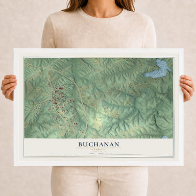 Buchanan, Georgia map print, 12" x 18" W/ White Ayous Wood Frame mockup