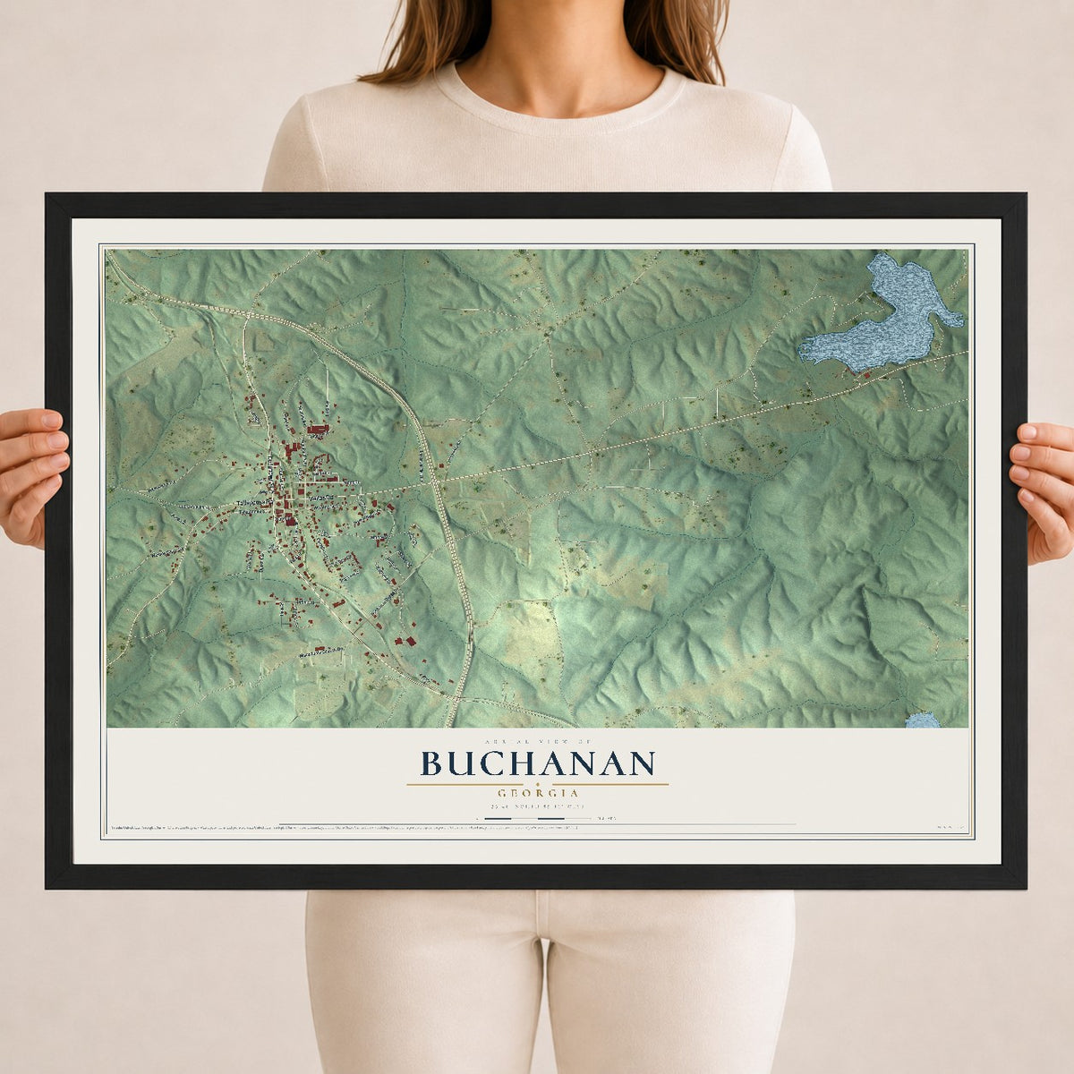 Buchanan, Georgia map print, 18" x 24" W/ Black Ayous Wood Frame mockup