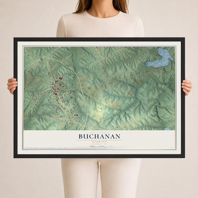 Buchanan, Georgia map print, 24" x 36" W/ Black Ayous Wood Frame mockup