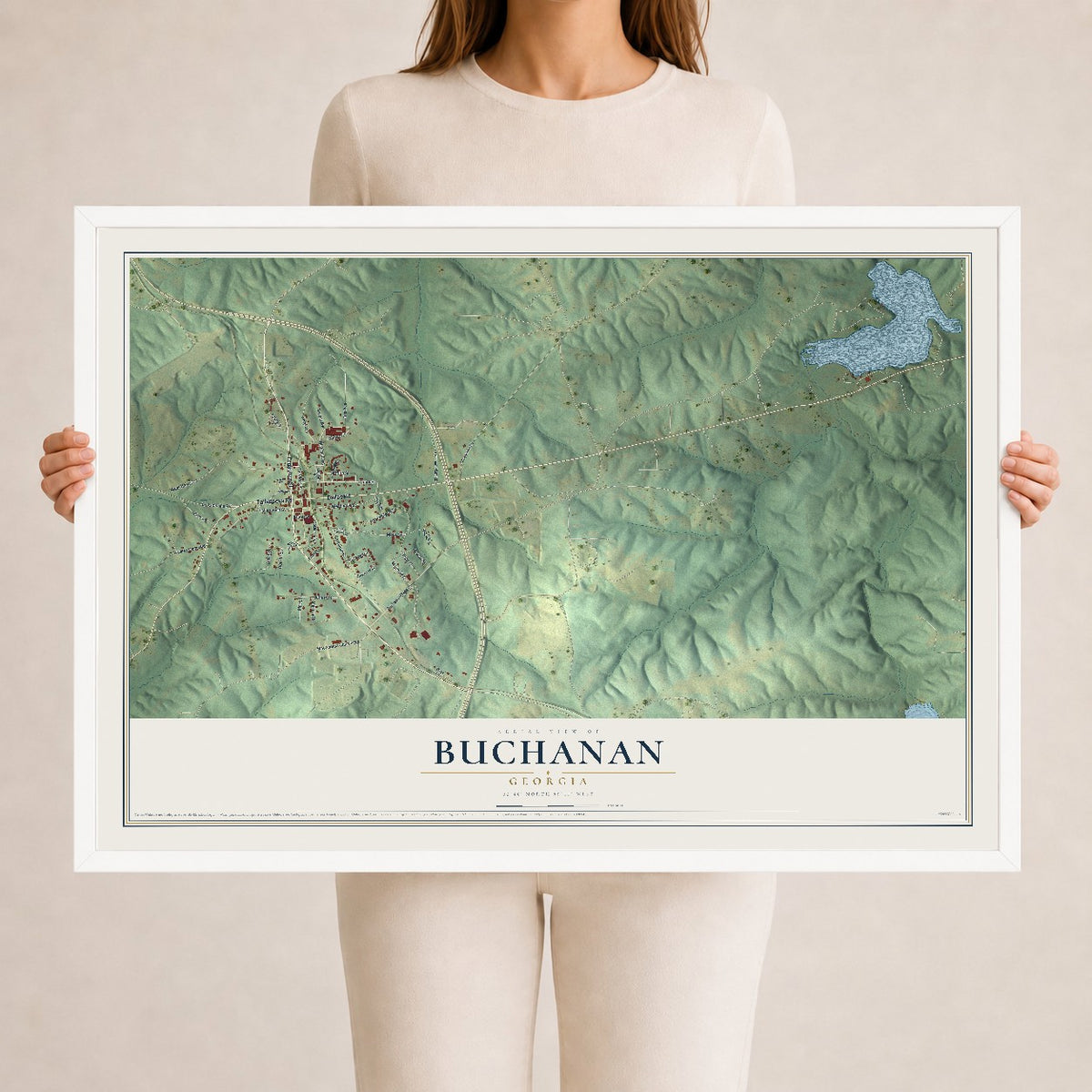Buchanan, Georgia map print, 24" x 36" W/ White Ayous Wood Frame mockup