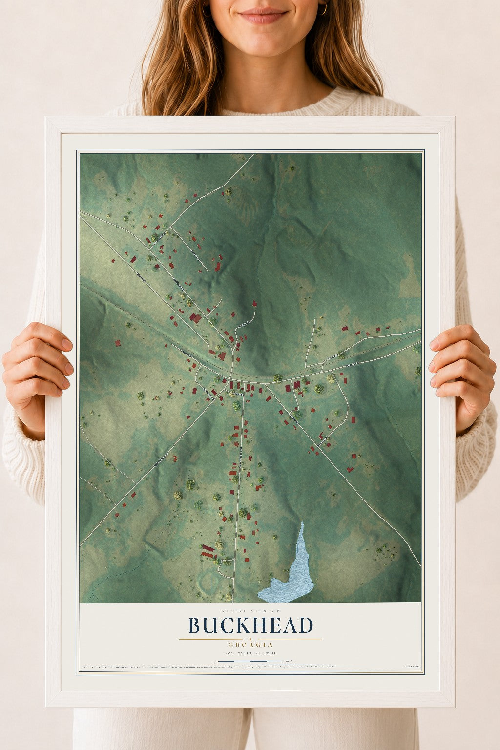 Buckhead, Georgia map print, 18" x 24" W/ White Ayous Wood Frame mockup