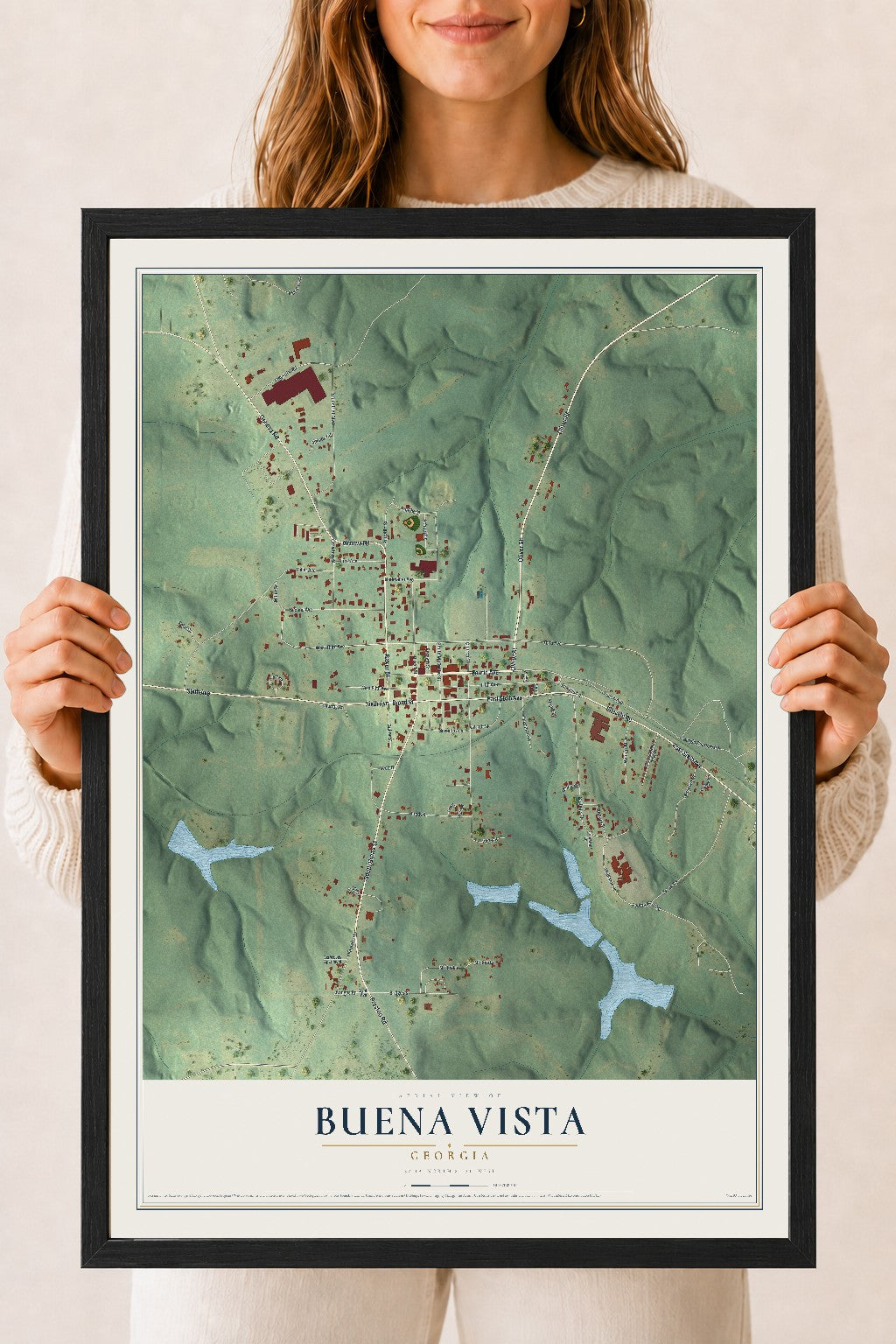 Buena Vista, Georgia map print, 18" x 24" W/ Black Ayous Wood Frame mockup