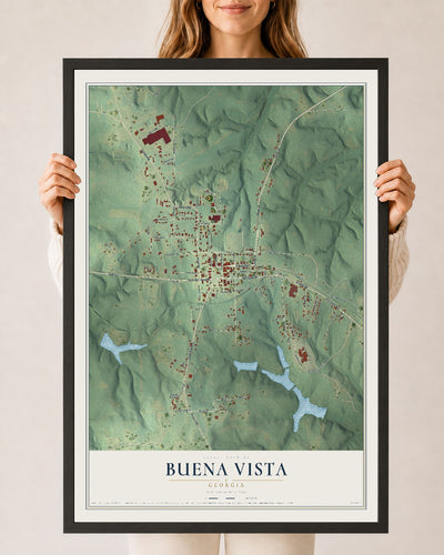 Buena Vista, Georgia map print, 24" x 36" W/ Black Ayous Wood Frame mockup