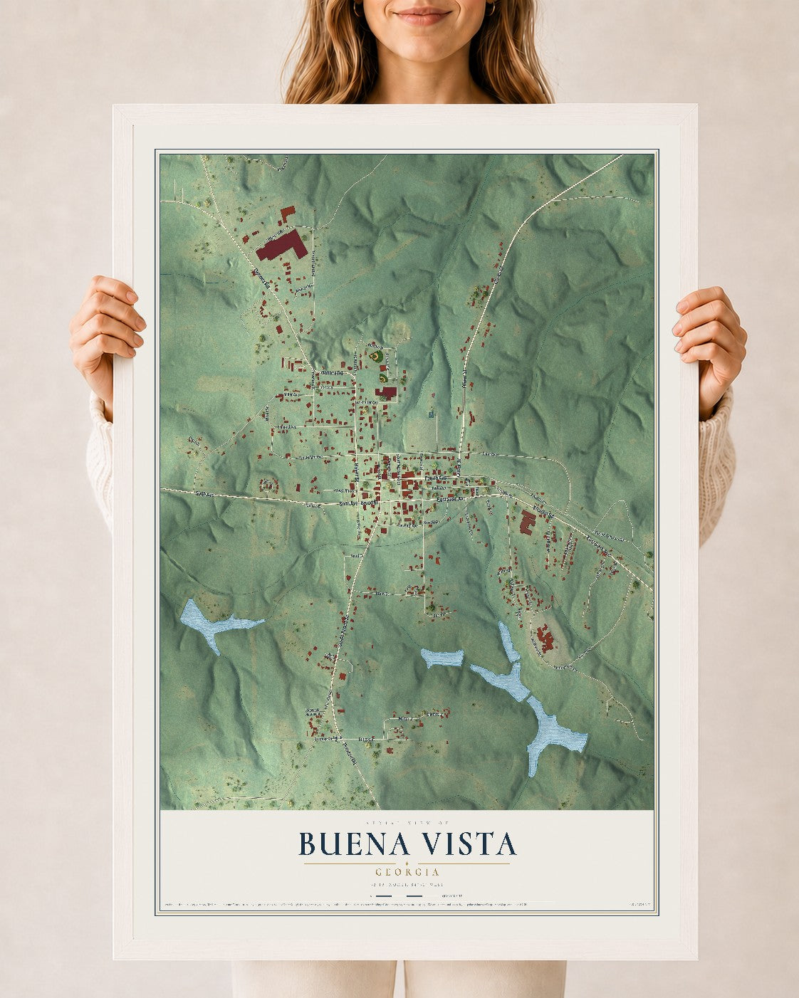 Buena Vista, Georgia map print, 24" x 36" W/ White Ayous Wood Frame mockup