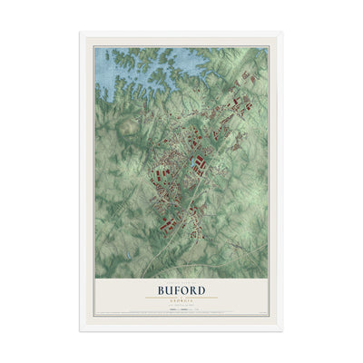 Buford, Georgia map print, 12" x 18" W/ White Ayous Wood Frame mockup