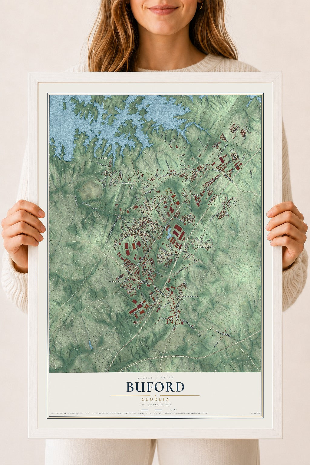Buford, Georgia map print, 18" x 24" W/ White Ayous Wood Frame mockup