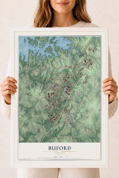 Buford, Georgia map print, 18" x 24" W/ White Ayous Wood Frame mockup