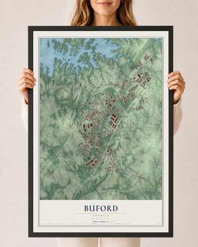 Buford, Georgia map print, 24" x 36" W/ Black Ayous Wood Frame mockup