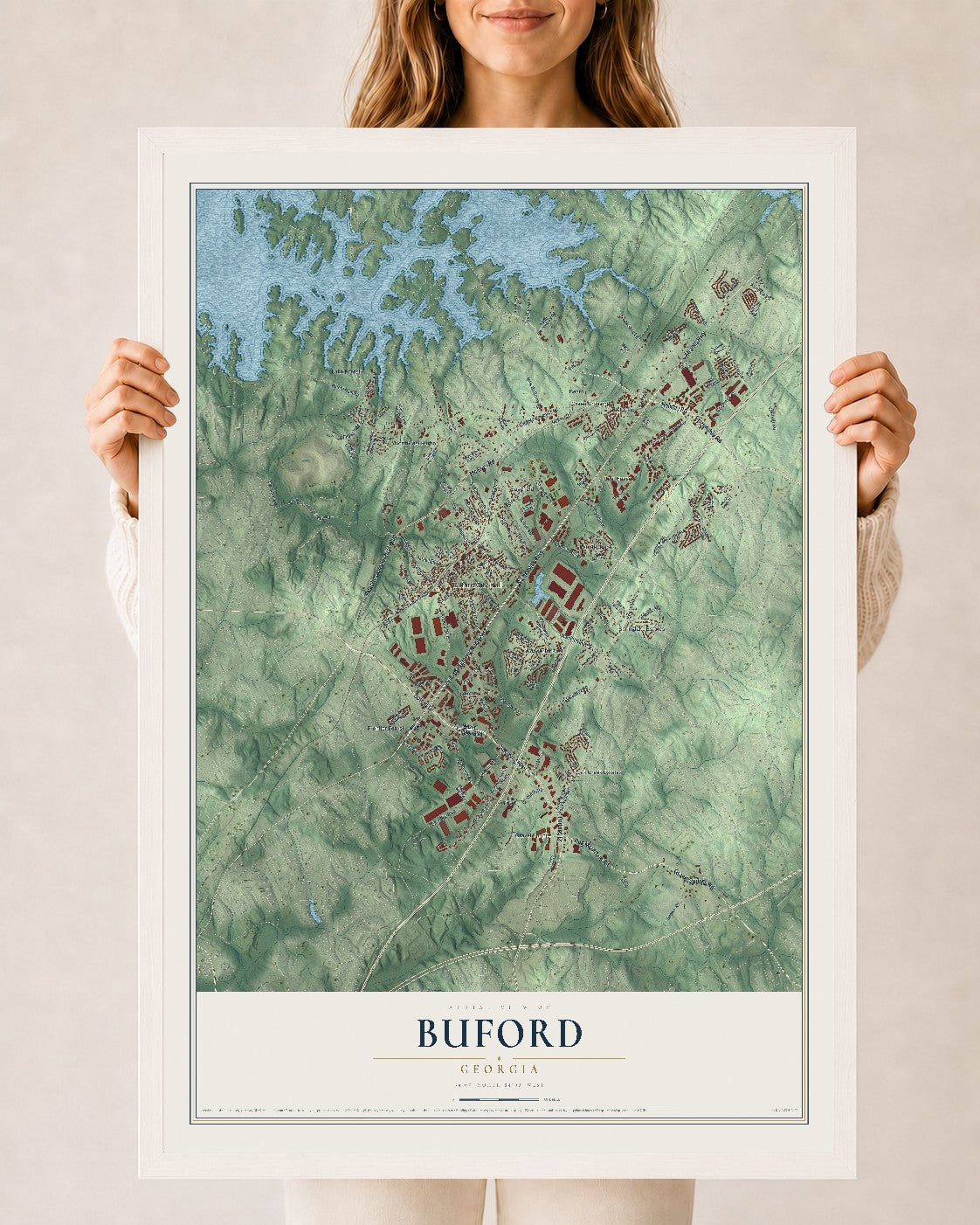Buford, Georgia map print, 24" x 36" W/ White Ayous Wood Frame mockup