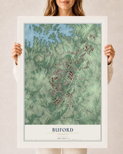 Buford, Georgia map print, 24" x 36" W/ White Ayous Wood Frame mockup