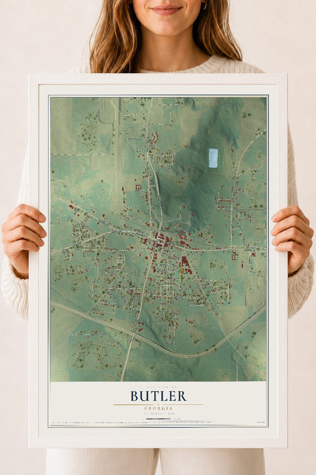 Butler, Georgia map print, 18" x 24" W/ White Ayous Wood Frame mockup