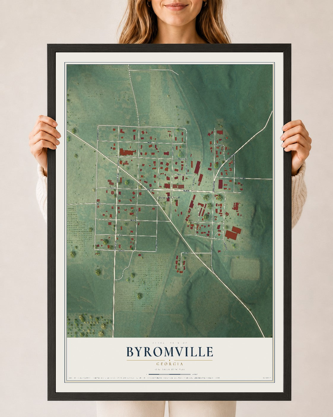 Byromville, Georgia map print, 24" x 36" W/ Black Ayous Wood Frame mockup