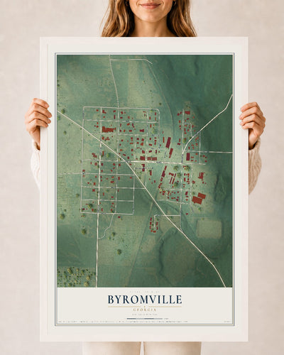Byromville, Georgia map print, 24" x 36" W/ White Ayous Wood Frame mockup