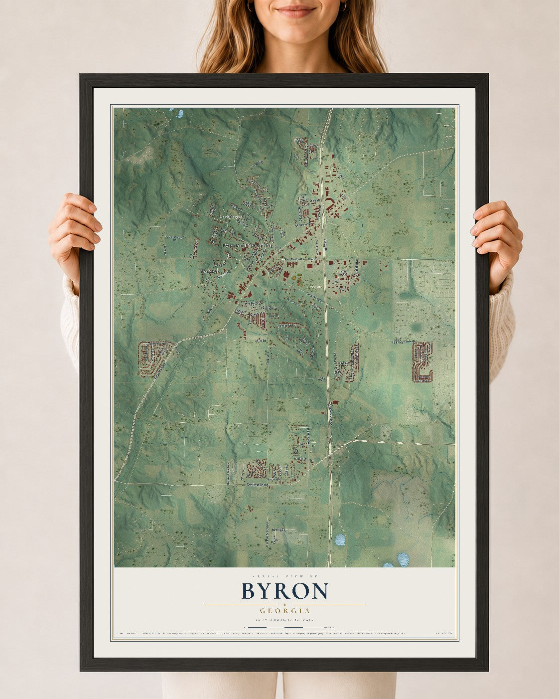 Byron, Georgia map print, 24" x 36" W/ Black Ayous Wood Frame mockup
