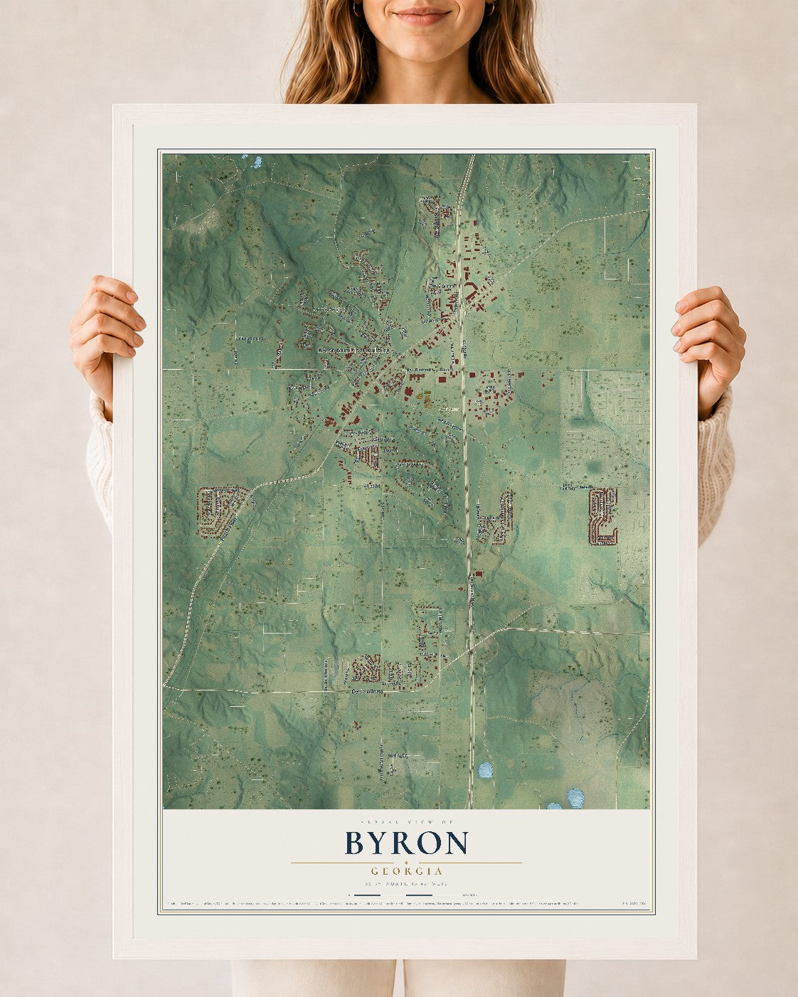 Byron, Georgia map print, 24" x 36" W/ White Ayous Wood Frame mockup