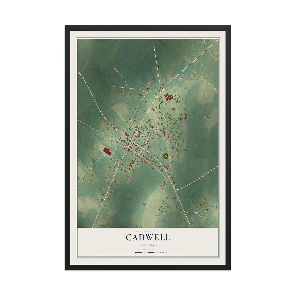 Cadwell, Georgia map print, 12" x 18" W/ Black Ayous Wood Frame mockup