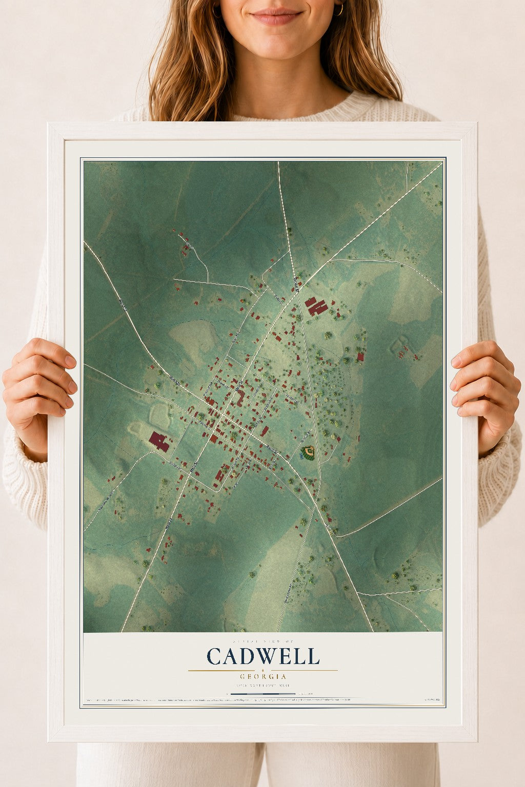 Cadwell, Georgia map print, 18" x 24" W/ White Ayous Wood Frame mockup