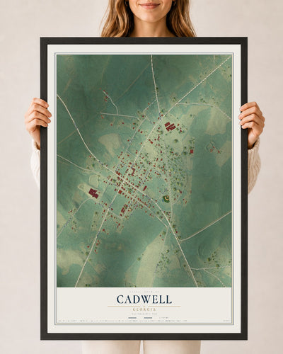 Cadwell, Georgia map print, 24" x 36" W/ Black Ayous Wood Frame mockup