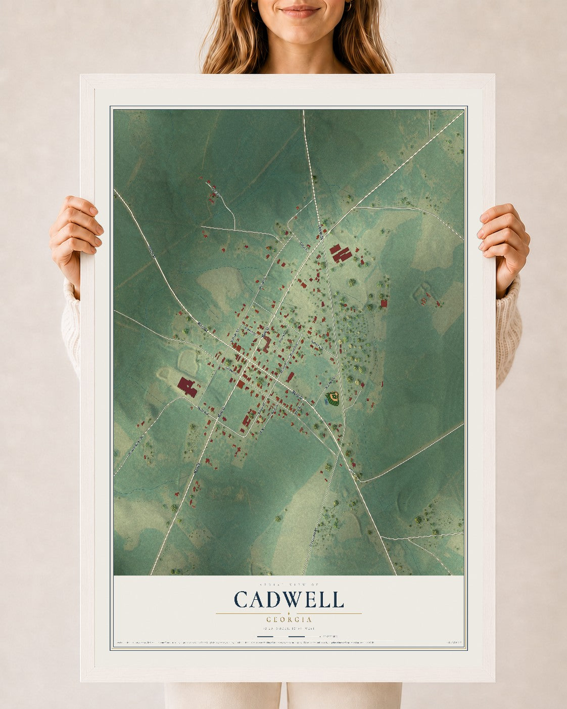 Cadwell, Georgia map print, 24" x 36" W/ White Ayous Wood Frame mockup