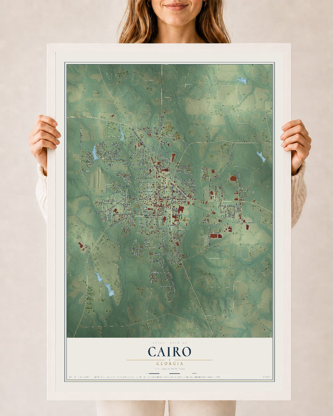Cairo, Georgia map print, 24" x 36" W/ White Ayous Wood Frame mockup
