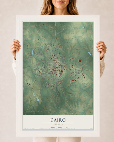 Cairo, Georgia map print, 24" x 36" W/ White Ayous Wood Frame mockup