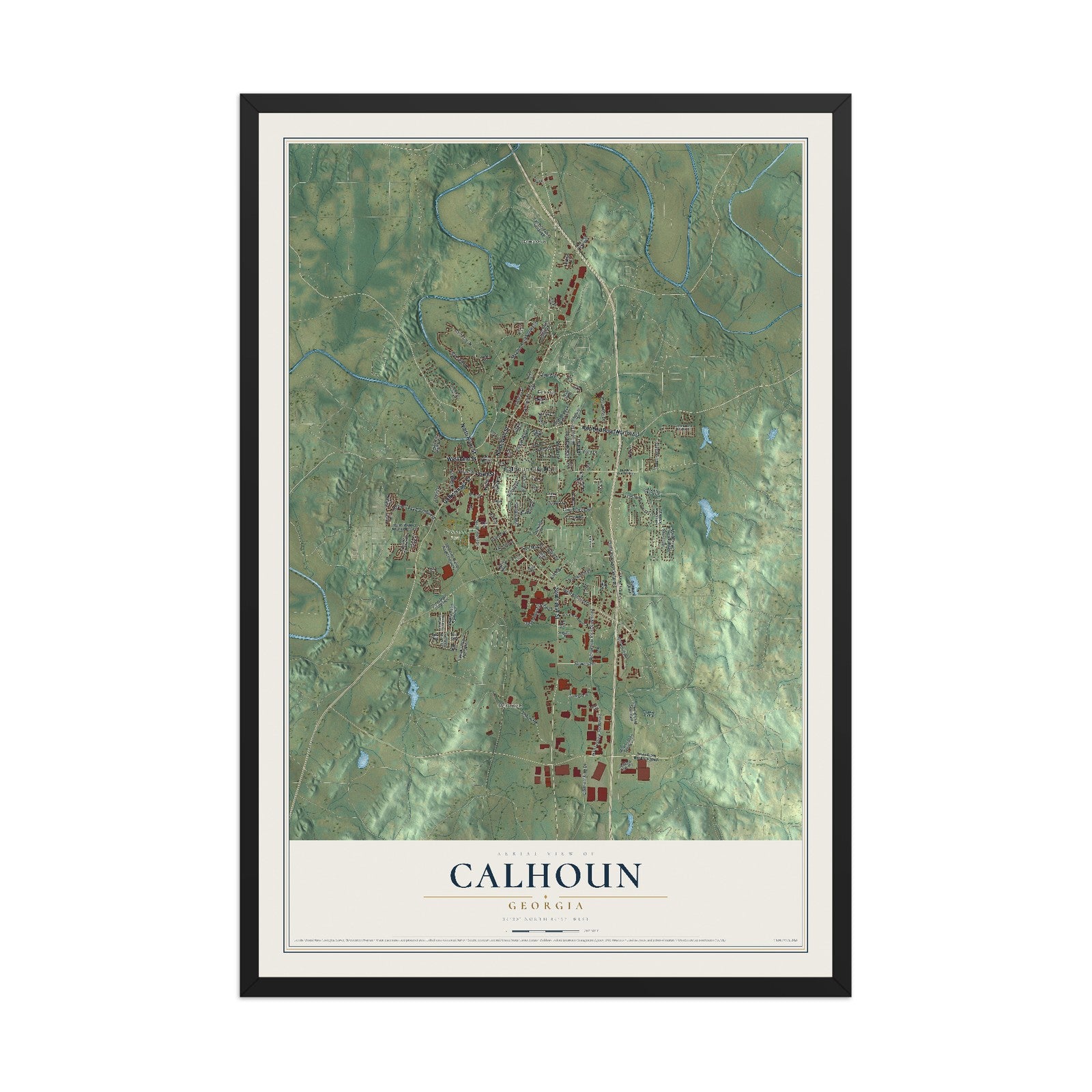 Calhoun, Georgia map print, 12" x 18" W/ Black Ayous Wood Frame mockup