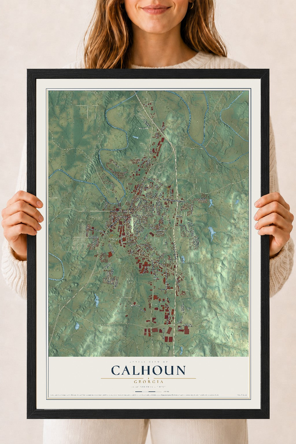 Calhoun, Georgia map print, 18" x 24" W/ Black Ayous Wood Frame mockup