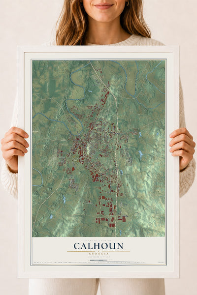 Calhoun, Georgia map print, 18" x 24" W/ White Ayous Wood Frame mockup