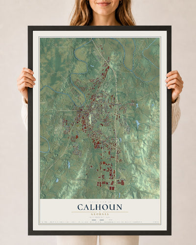 Calhoun, Georgia map print, 24" x 36" W/ Black Ayous Wood Frame mockup