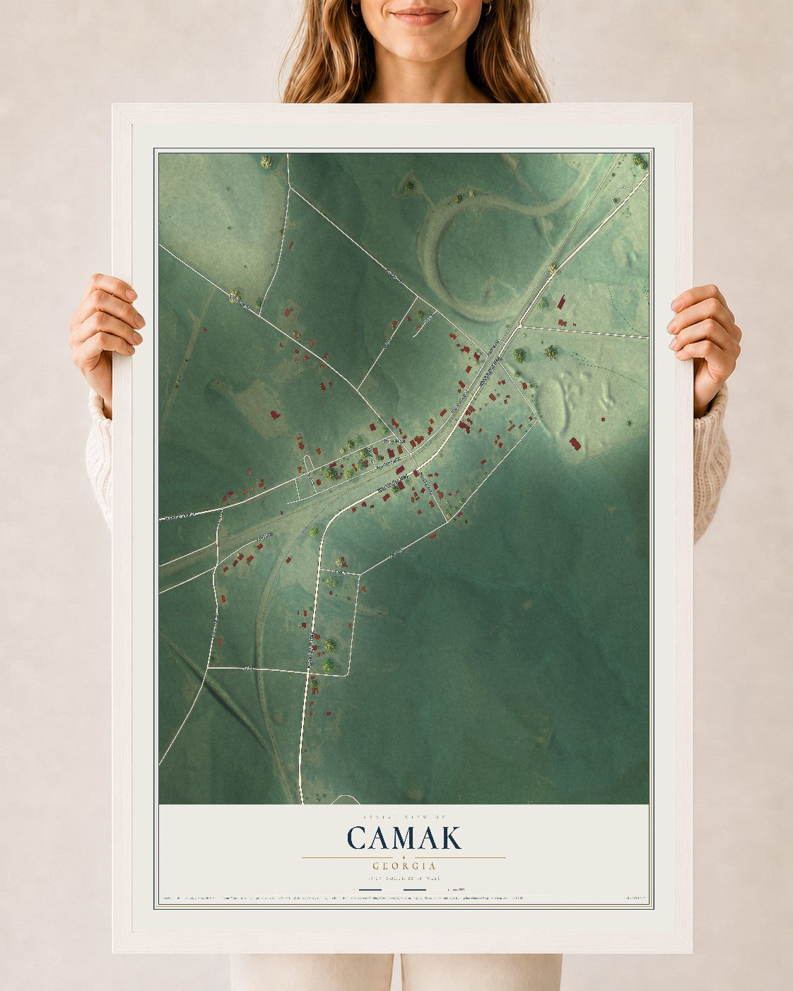 Camak, Georgia map print, 24" x 36" W/ White Ayous Wood Frame mockup
