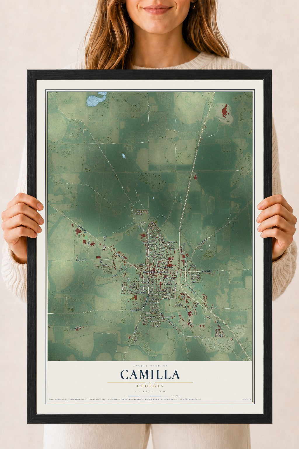 Camilla, Georgia map print, 18" x 24" W/ Black Ayous Wood Frame mockup
