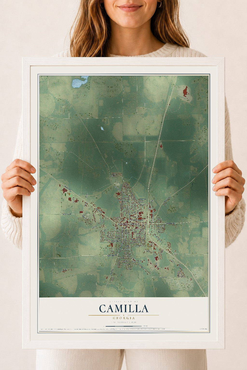 Camilla, Georgia map print, 18" x 24" W/ White Ayous Wood Frame mockup