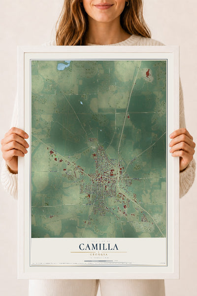 Camilla, Georgia map print, 18" x 24" W/ White Ayous Wood Frame mockup