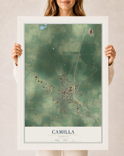 Camilla, Georgia map print, 24" x 36" W/ White Ayous Wood Frame mockup