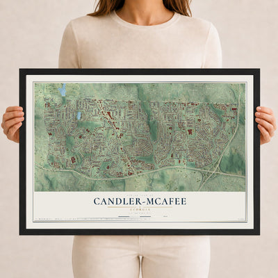 Candler-McAfee, Georgia map print, 12" x 18" W/ Black Ayous Wood Frame mockup