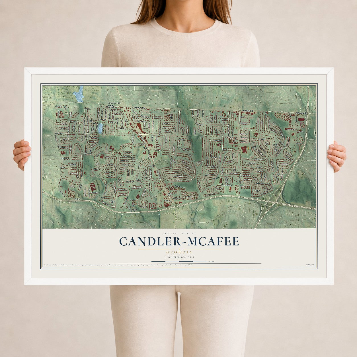 Candler-McAfee, Georgia map print, 24" x 36" W/ White Ayous Wood Frame mockup