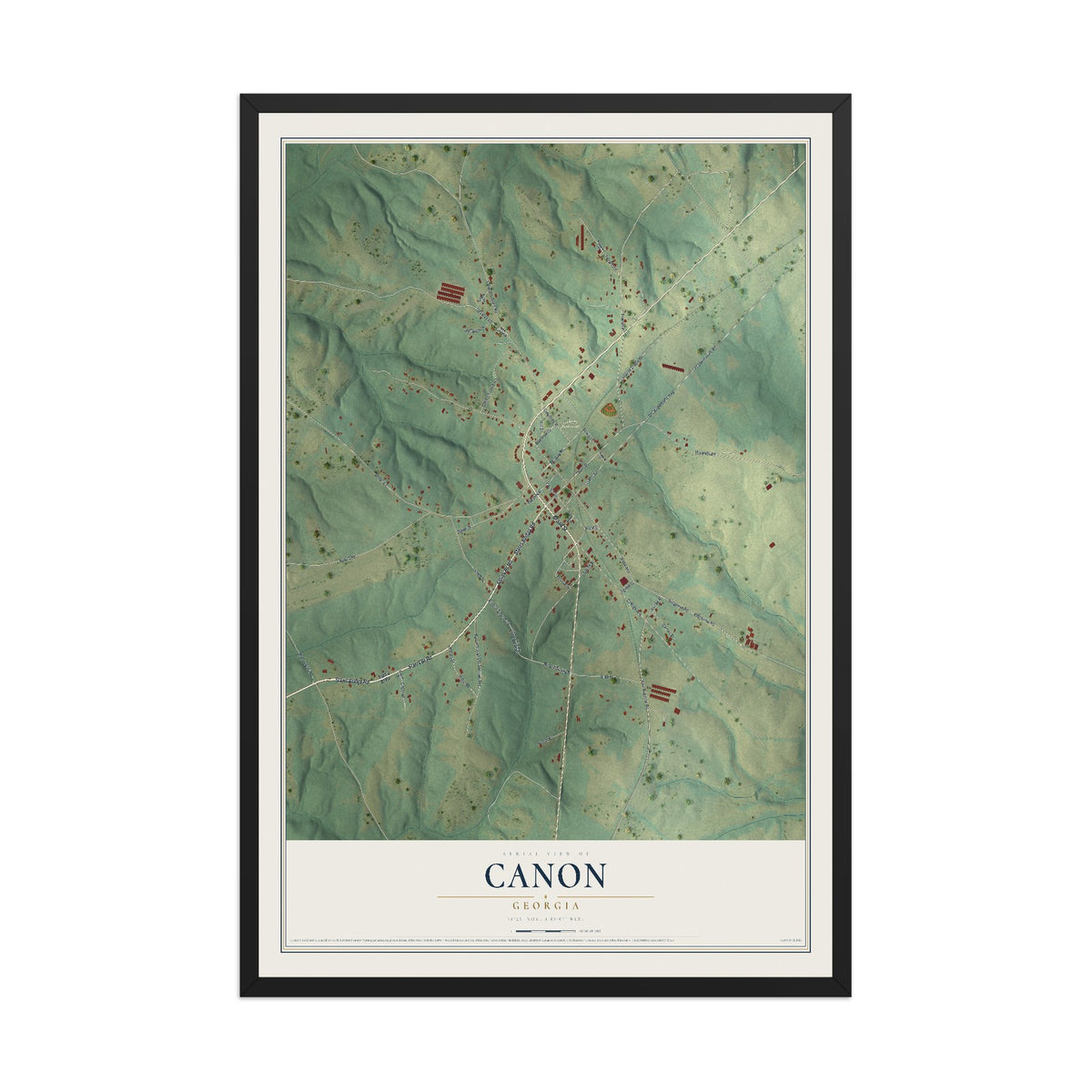 Canon, Georgia map print, 12" x 18" W/ Black Ayous Wood Frame mockup