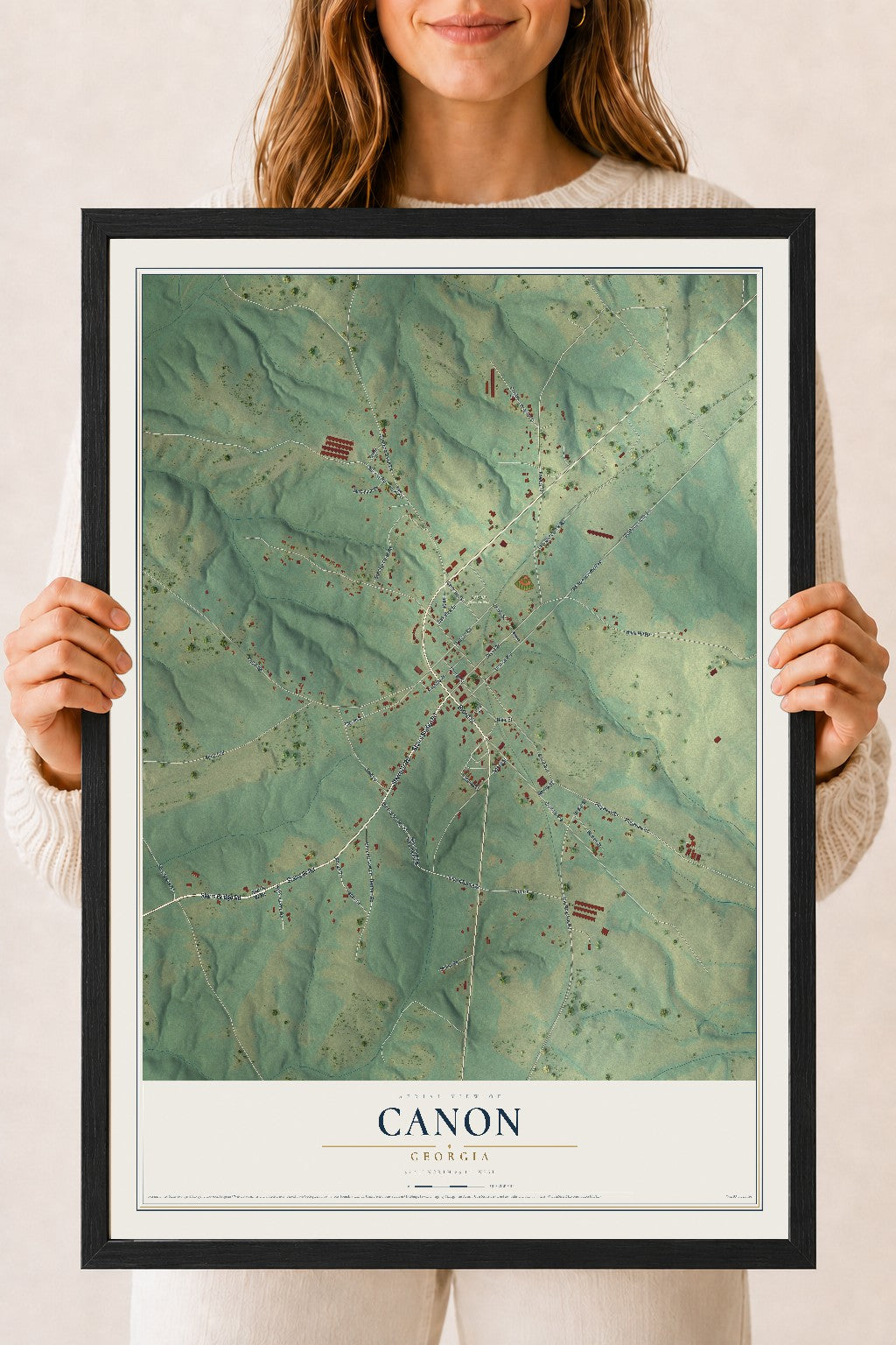 Canon, Georgia map print, 18" x 24" W/ Black Ayous Wood Frame mockup